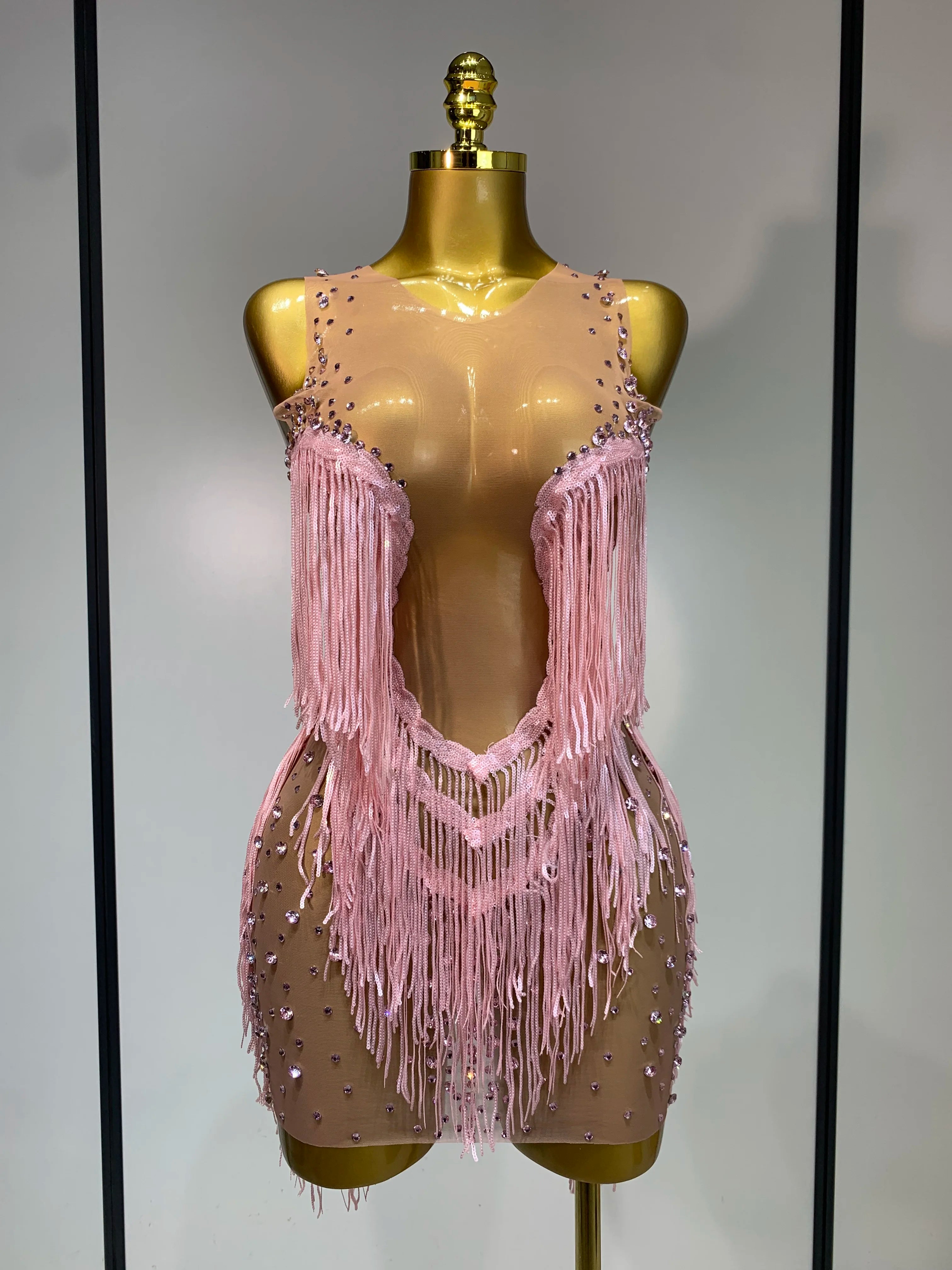 Women Sexy Transparent Long Sleeve Bodycon Dress Two Piece Set Luxury Sequin Fringes Evening Party Celebrity Performance Costume