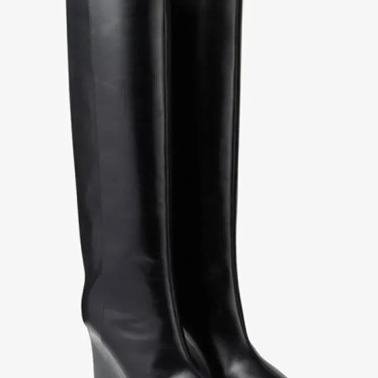 New European and American Thick Sole Knee Long Women's Boots with Pointed Side Zipper Thick High Heel Women's Mid Length Boots 519-black