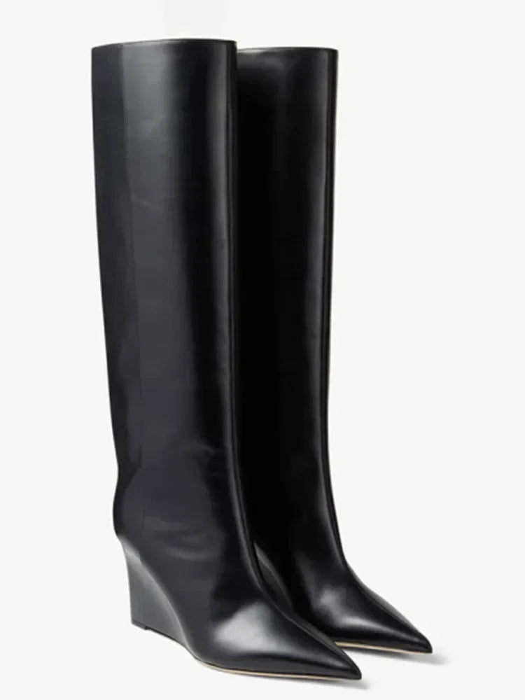 New European and American Thick Sole Knee Long Women's Boots with Pointed Side Zipper Thick High Heel Women's Mid Length Boots 519-black