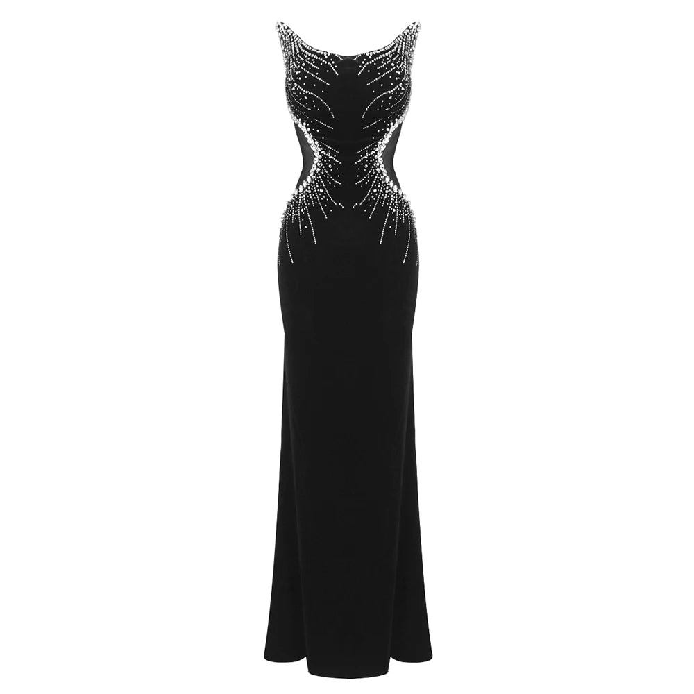 VC Strapless Crystal Black Maxi Long Gown Sparkling Diamond Hollow Tight Elegant Celebrity Party Evening Dress