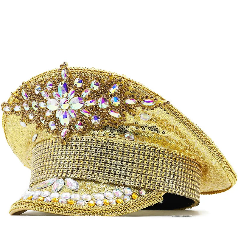 Hot Women Sequin Burning gold Bride Military Hat Handmade Sailor Captain Sergeant Hat Birthday Festival Part Hat 01gold 58