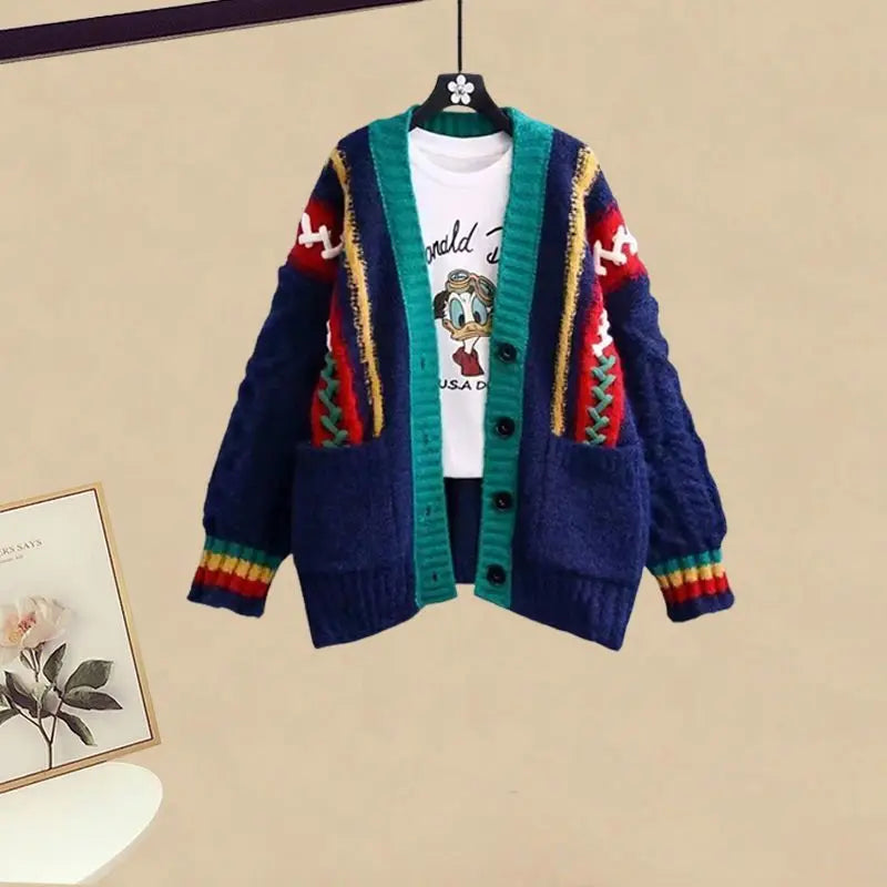 Korean Style Fashion Knitted Sweater Jacket Plush Thickened Wide Leg Pants Two Piece Elegant Women's Pants Set Winter Outfits only blue sweater