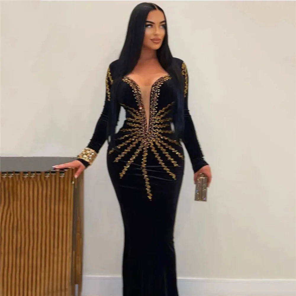 Women Long Sleeve Sexy Shinning Golden Rhinestones Bodycon Long Bandage Dress Celebrate Nightclub Party Outfit