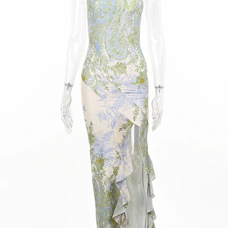 WannaThis Floral Luxury Y2K Tube Long Dress High Slit Ruffle Women Chic Vintage Sexy Summer 2023 New Formal Clubwear Party Robe Light Green