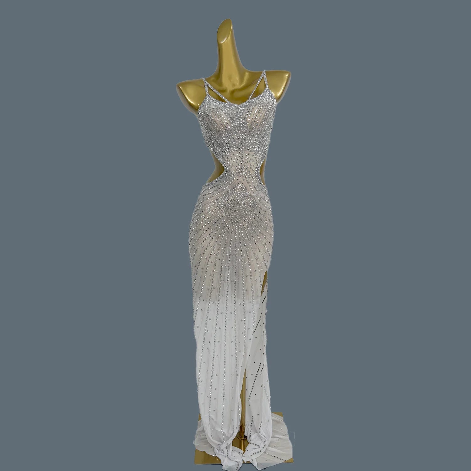 Gorgeous Rhinestone See Through White Strap Dress Club Party Long Dress Lady Sexy High Slit Prom Dress Women Evening Gowns Xigua