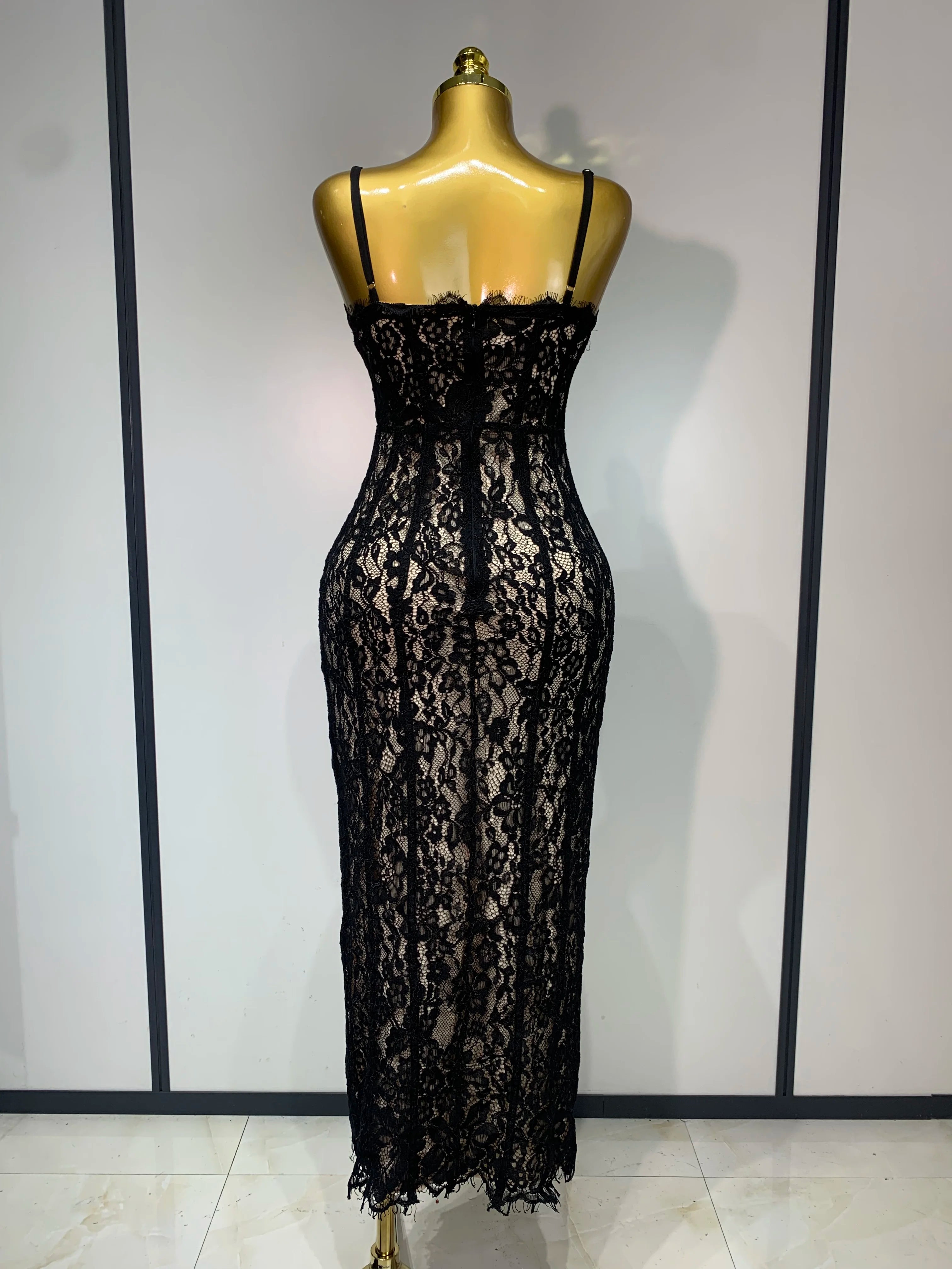 Vestido longo feminino sem mangas, sexy, de renda preta, colado ao corpo, para festa de boate, comemoração de aniversário, festa à noite, casamento, convidado, baile de formatura