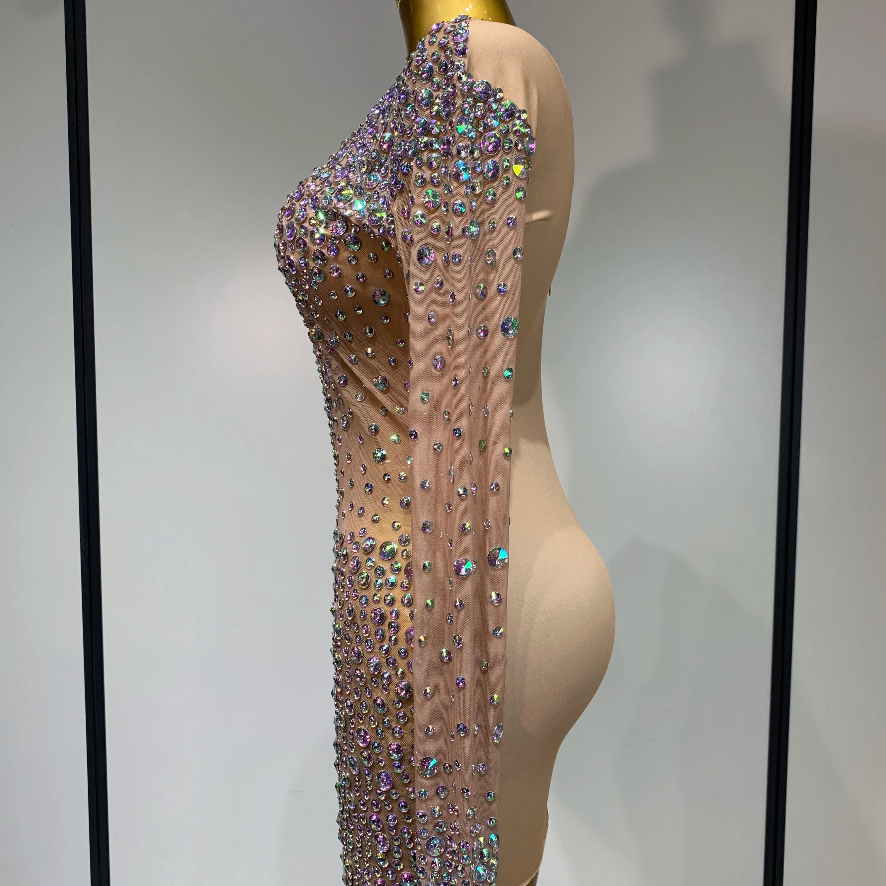 Sparkly Luxury Rhinestones Colourful Mini Dress Women Sexy Mesh See Through Birthday Performance Costume Dancer Stage Wear