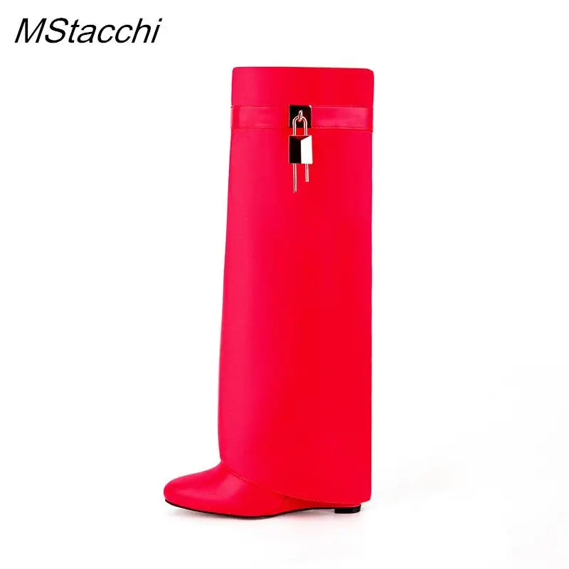 Lock Metal Buckle Women Knee High Boots Wedges Shoes For Woman Punk Style Round Toe Zipper Cowboy Boots Trend 2025 Female Shoes