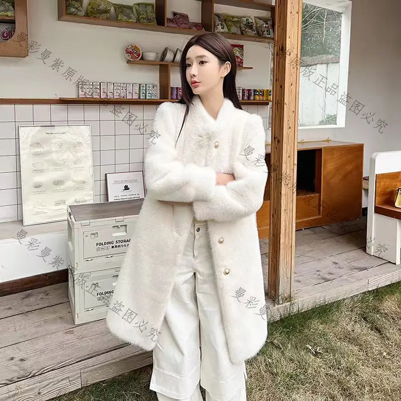 Long Faux Fur Coat for Women, Turn-down Collar, Loose Thicken Warm Teddy Jacket, High Quality Female Clothes, Winter, New, 2024 Khaki