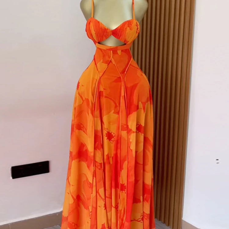 CM.YAYA Women Floral Printed Strap Backless Bra Front Big Swing Maxi Long Dress 2025 Vintage Sexy Club Party Evening Dresses
