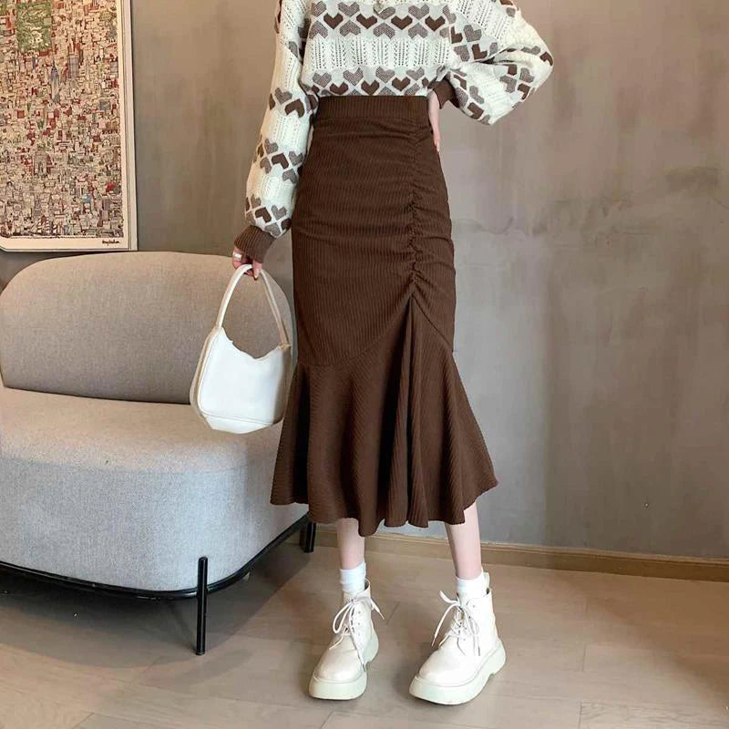 Fashion High Waist Midi Skirts for Women Spring Slim Fit Hip Mermaid Skirt Woman Korean Ruffles Brown Skirts 2XL Brown