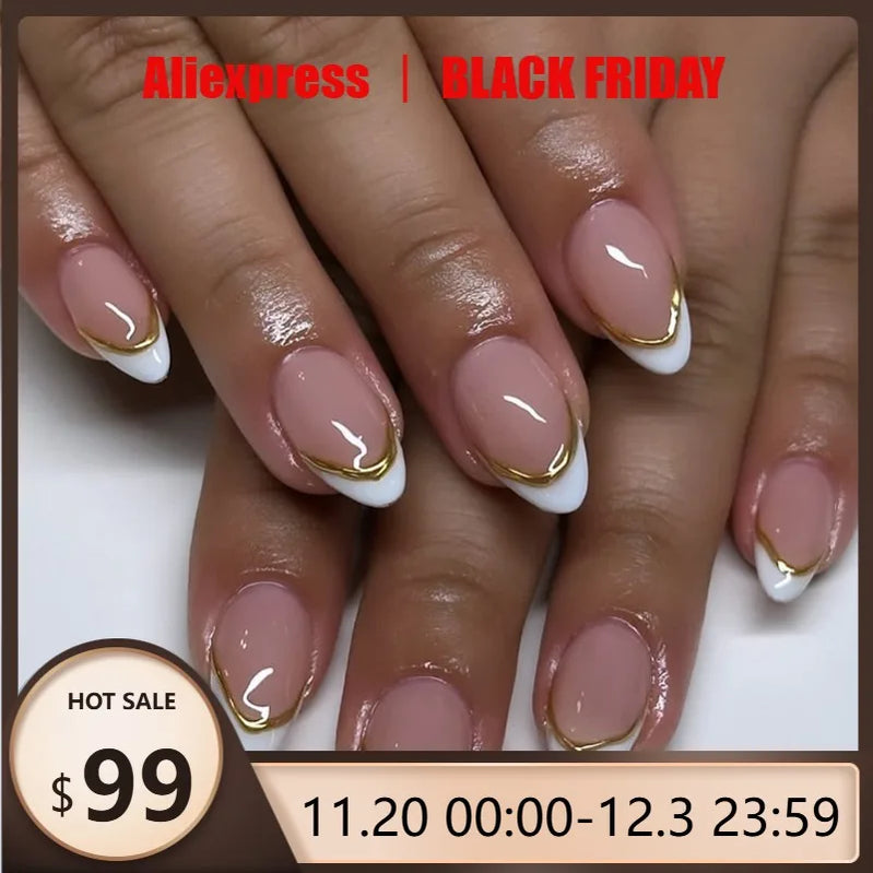 24Pcs Elegant Nude Almond Press-On Nails with Gold Stripes and White French Tips Reusable Full Cover False Nails for Women&Girls