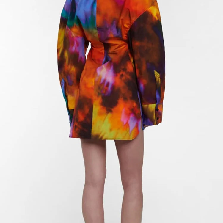 DEAT Fashion Women's Shirt Dress V-neck Loose Tie Dye Long Sleeve Single Breasted Waist Mini Dresses Spring New WR36309