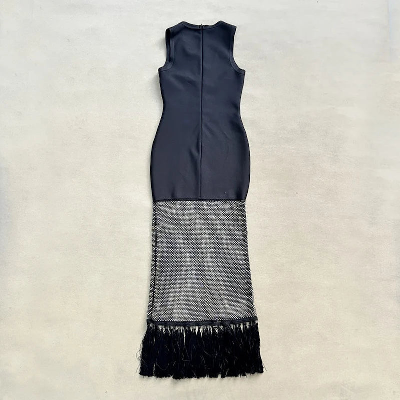 Women Sleeveless Sexy O-Neck Shinning Rhinestones Bodycon Long Bandage Dress Nightclub Party Celebrate Evening Wear