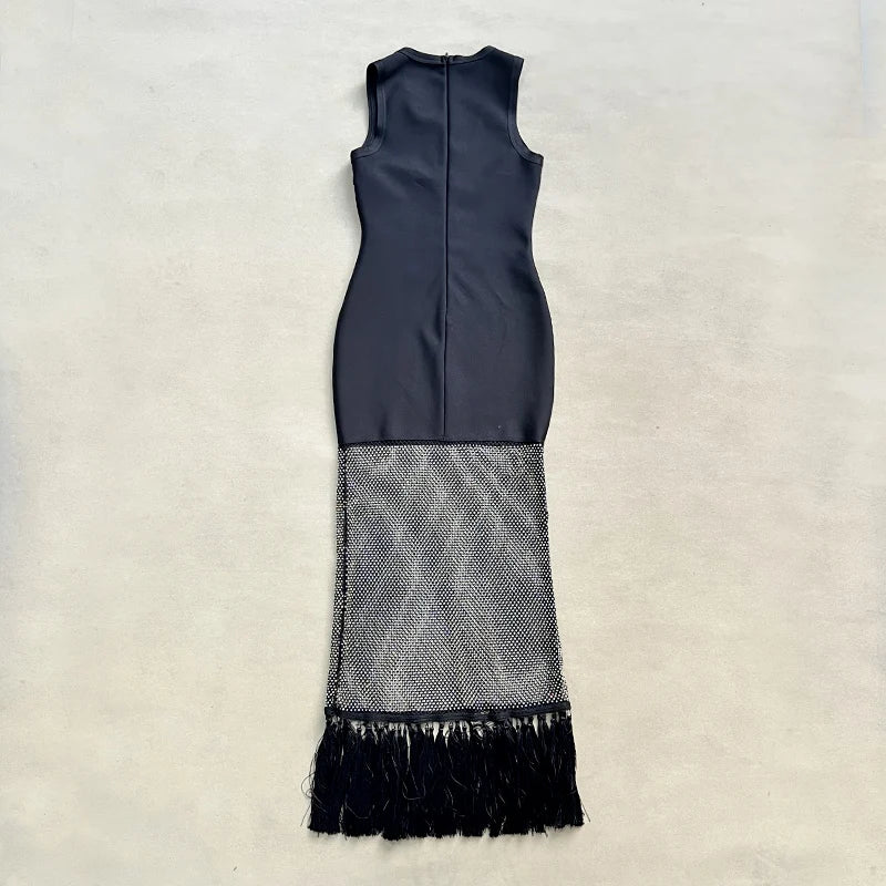 Women Sleeveless Sexy O-Neck Shinning Rhinestones Bodycon Long Bandage Dress Nightclub Party Celebrate Evening Wear