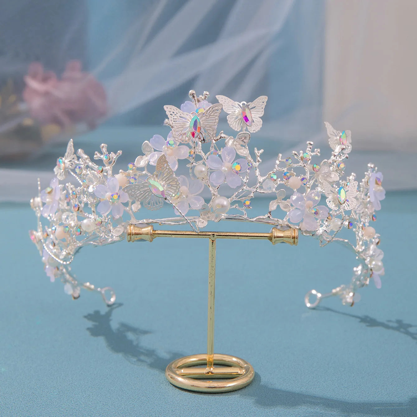 Baroque Butterfly Pearl Crystal AB Crown Tiara Rhinestone Hairband Wedding Hair Accessories Princess Bridal Headpieces
