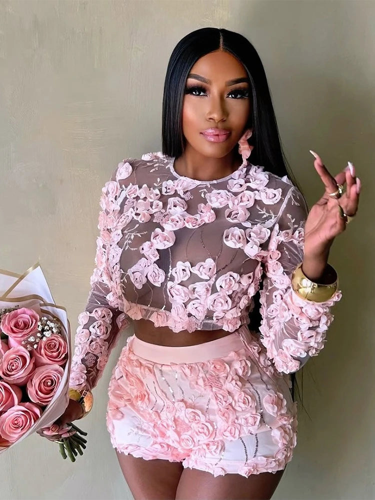 CM.YAYA 3D Flower Women's Set Mesh See Through Long Sleeve Top and Shorts Suits 2025 Sweet Party Girl Two 2 Piece Sets Outfits