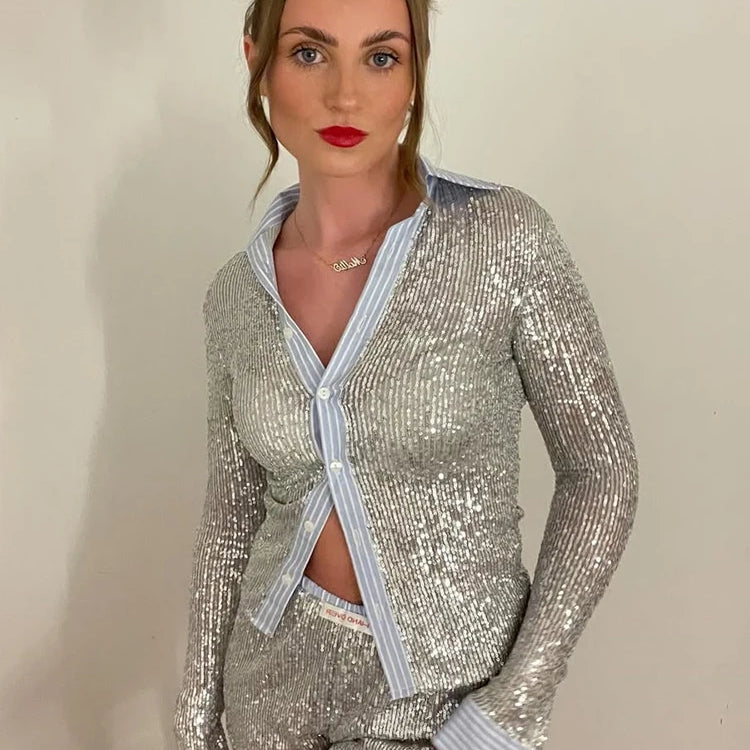 Silver Glitter Shorts Sets Women Contrast Color Single-breasted Shirt And Shorts Sparkle Two Piece Set Shorts Sets