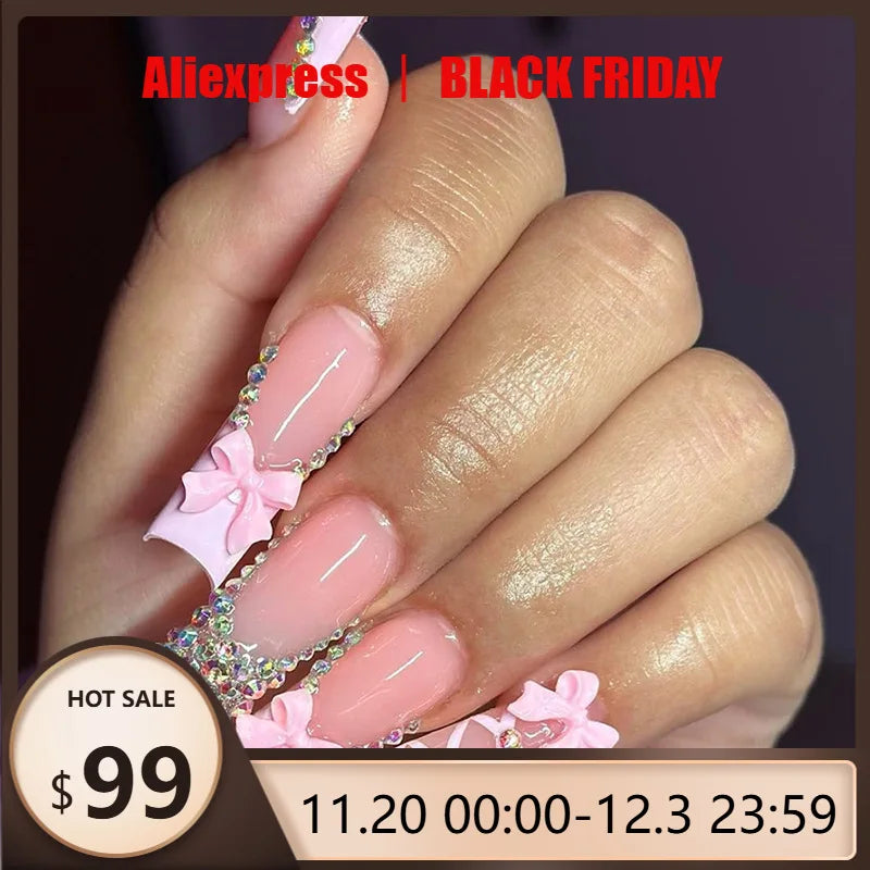 24Pcs Glamorous Long Ballerina False Nails Shimmering French Tips with 3D Pink Bow&Strap Details for Female Party Occasions Wear