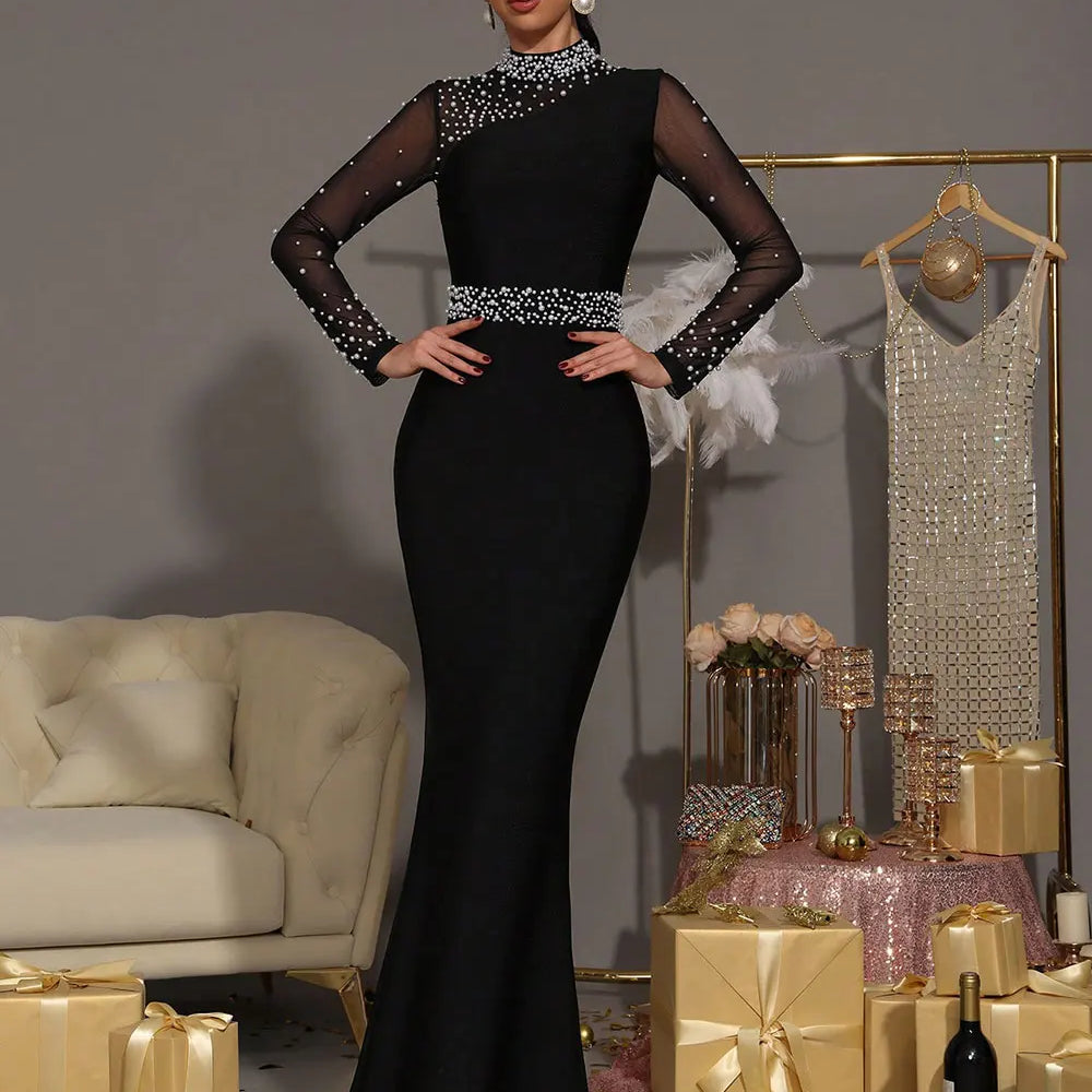 2025 Sexy Women Light Luxury Nail Bead Patchwork Bandage Dress Stand Collar Long Sleeved Bodycon Black Long Dress Party Vestidos