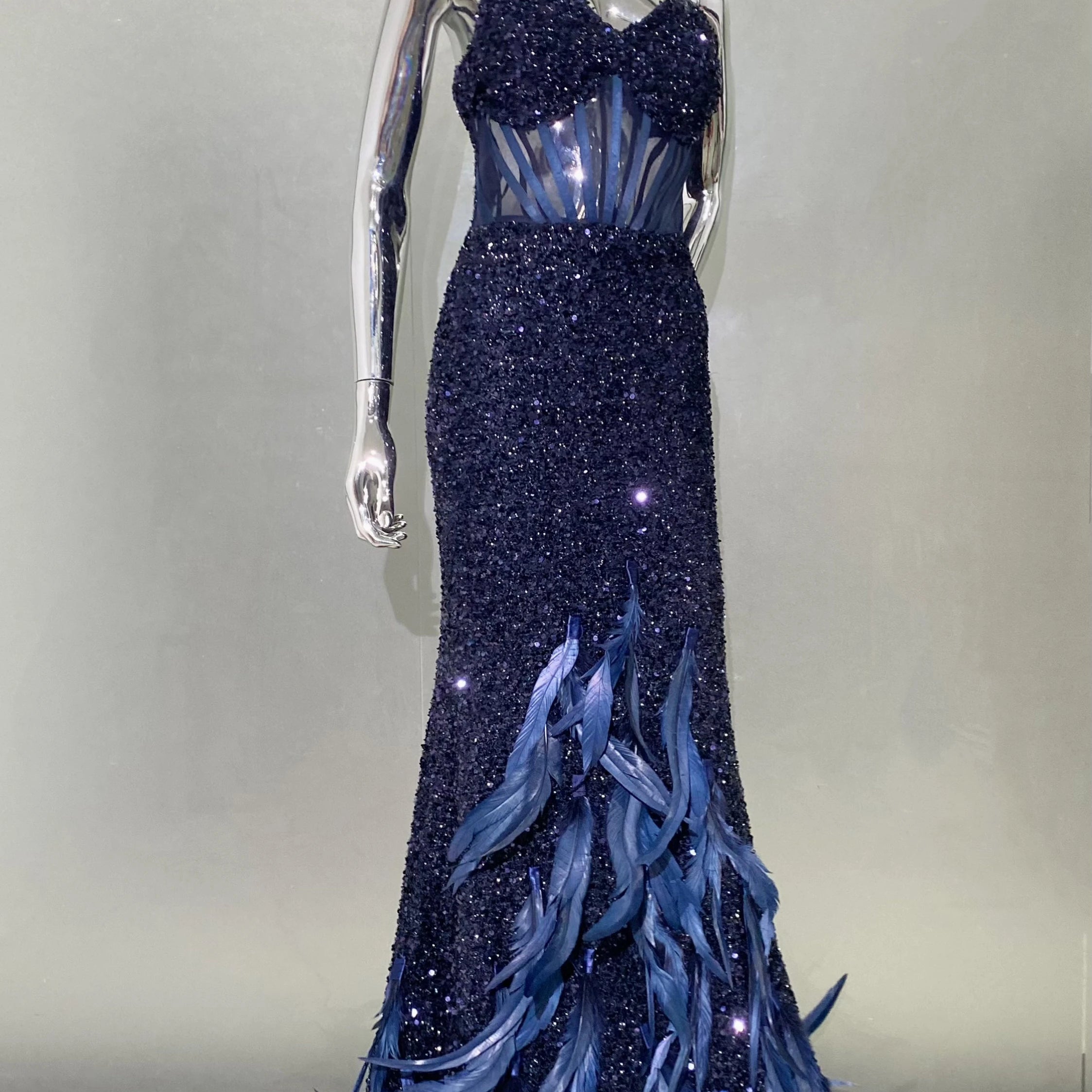 Women Summer Sexy V Neck Mesh Sequins Blue Feather Maxi Long Dress 2024 Elegant Party Evening Stage Performance Dress Vestido