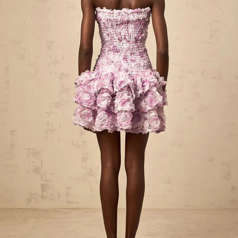 Vestidos temperamentais da moda com blocos de cores para mulheres, sem alças, sem mangas, patchwork, flores 3D, roupa feminina