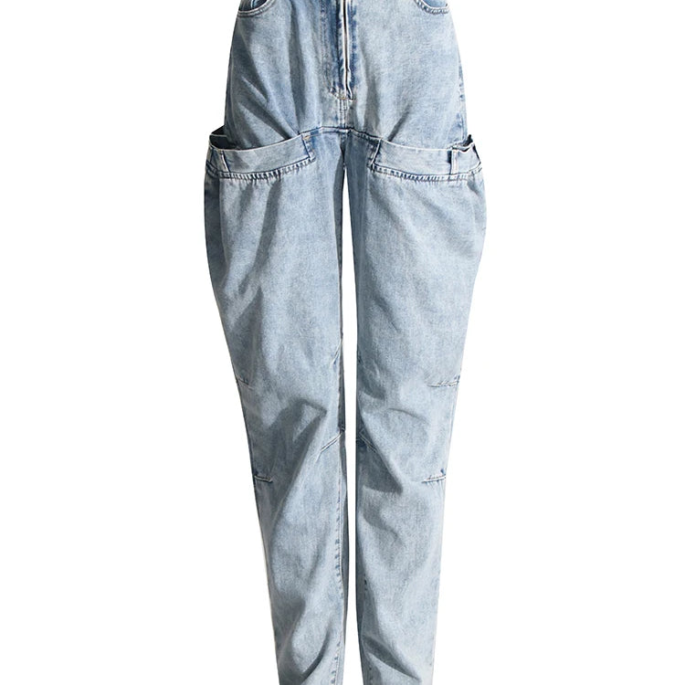 Irregular Hollow Out Spliced Button Jeans For Women High Waist Patchwork Zipper Streetwear Denim Long Trousers Female Style