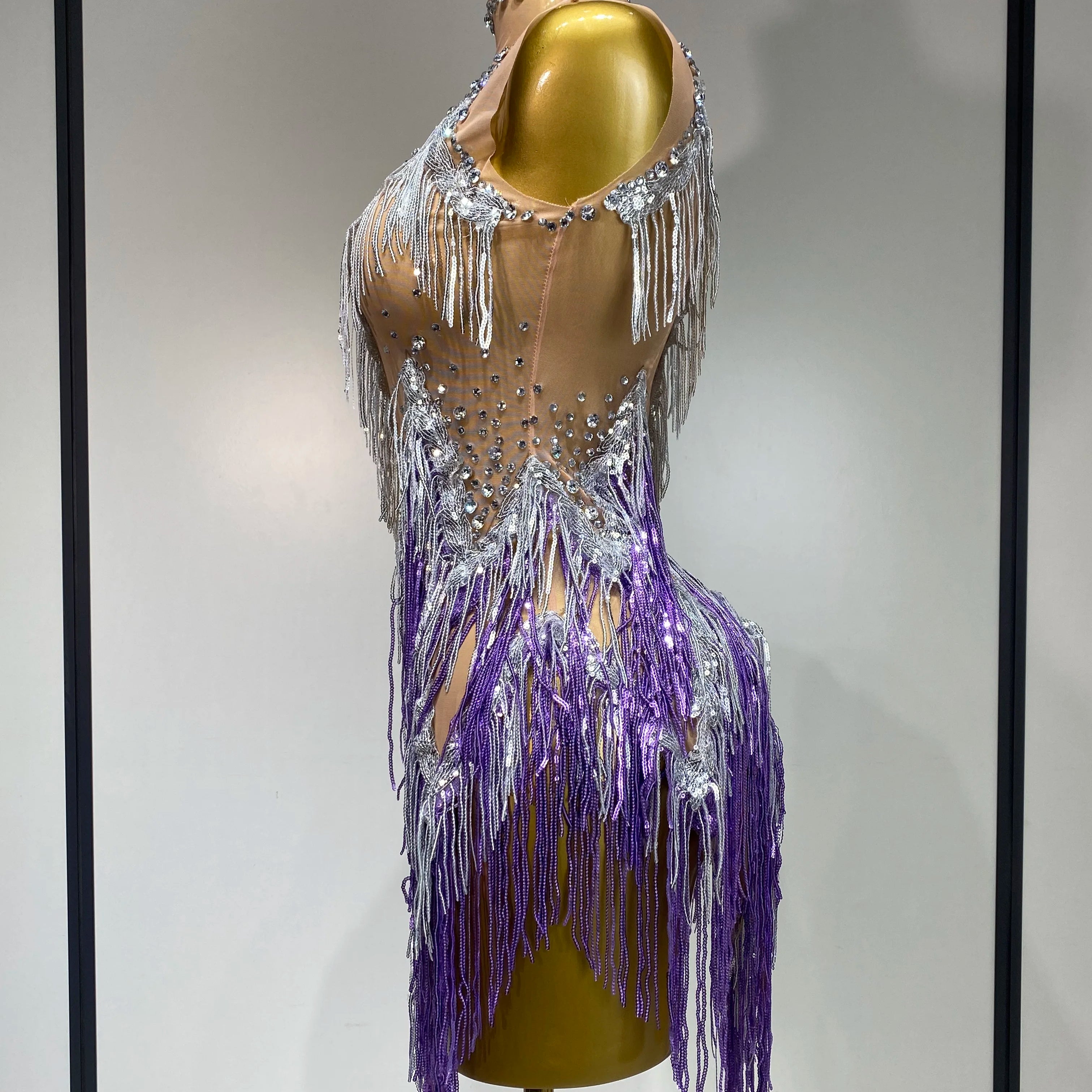 Luxury Rhinestone Tassel Sexy Women Short Latino Dance Dress Birthday Nightclub Bar Sleeveless Sparkly Performance Stage Outfit