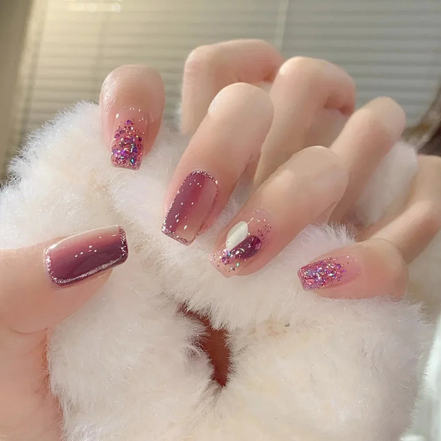 24pcs/set Short medium long fake nails colorful gradient Y2K sunset heart leopard print square ballet tips press on false nail