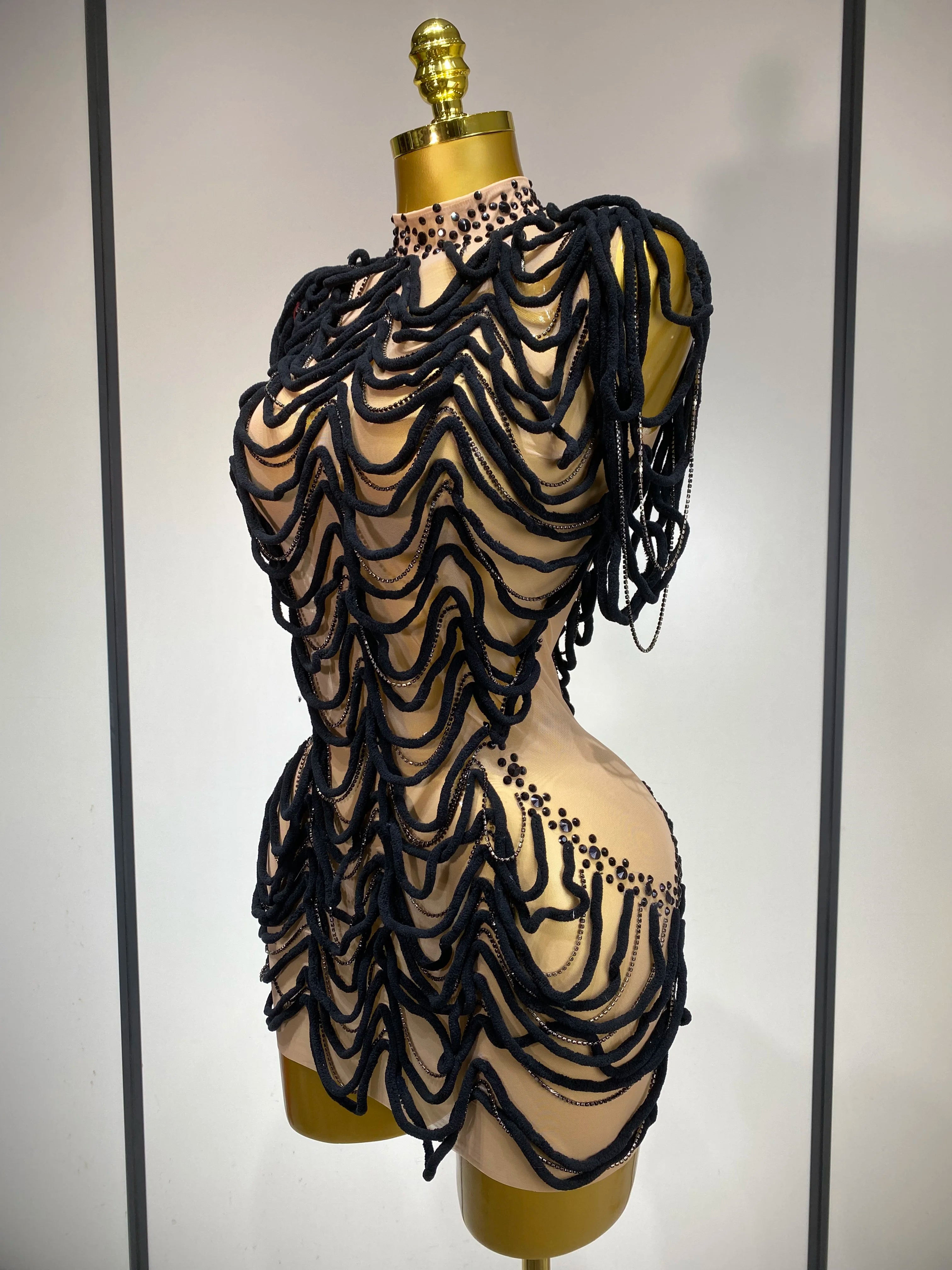 Women Sexy Fashion Short Dress Mesh Designer Rhinestones Chain Stage Costume Nightclub Celebrate Party Performance Outfit