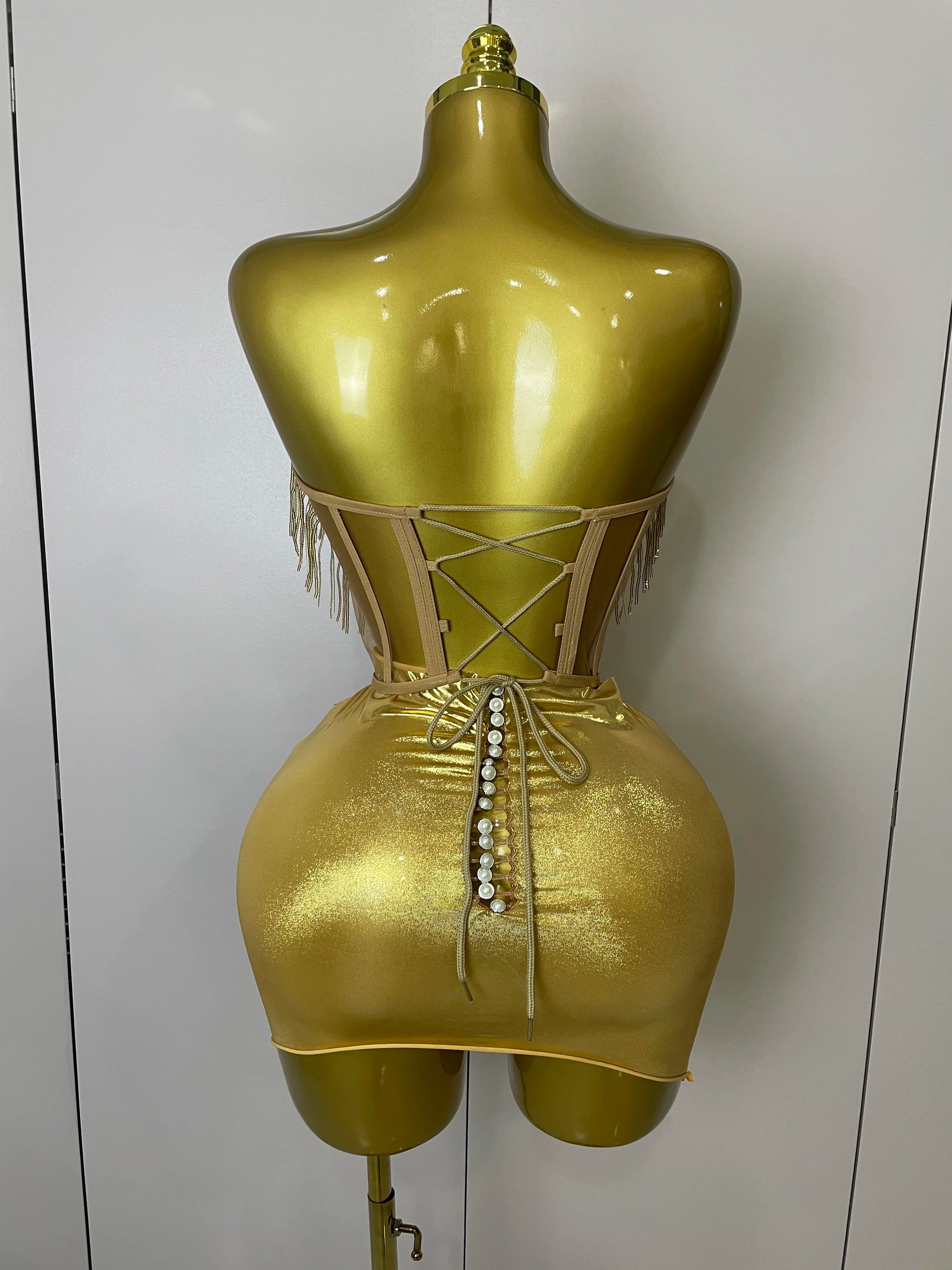 Sparkly Gold Rhinstones tassels Top Skirt Two-piec Set 2025 Women Sexy Strapless Designer Nightclub Evening Party Stage Outfit