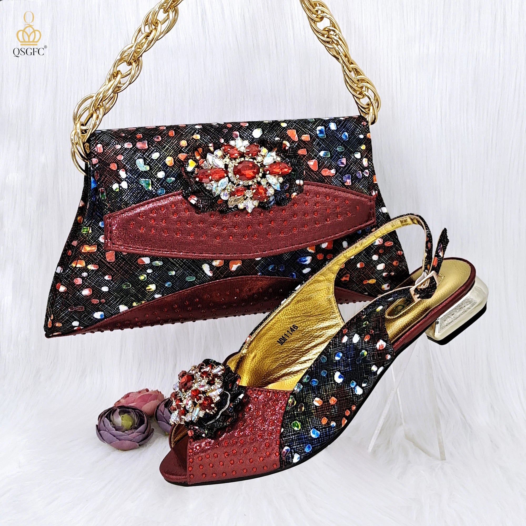All-match French Open-toe Rhinestone Stiletto Low Heel Shoes Royal blue Color Women's Shoes And Bags WINE