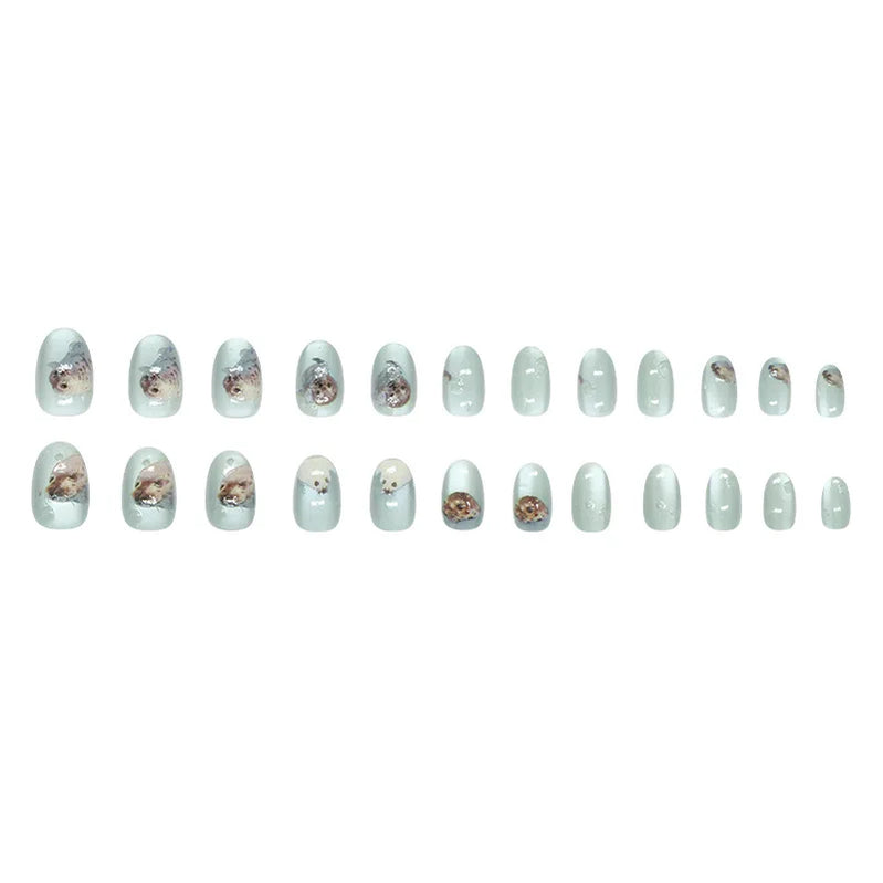 24pcs Shiny Green Cat Eye False Nails Cute Seal Print Fake Nails Tips Wearable Reusable Glossy Short Round Press on Nails
