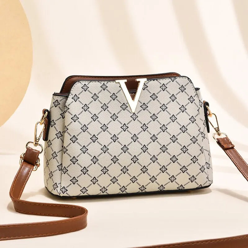 Women Vintage Print Crossbody Bag V Letter Classic Shoulder Bag Female Elegant Geometric Pattern Casual Bag Work Gift Print Yellow