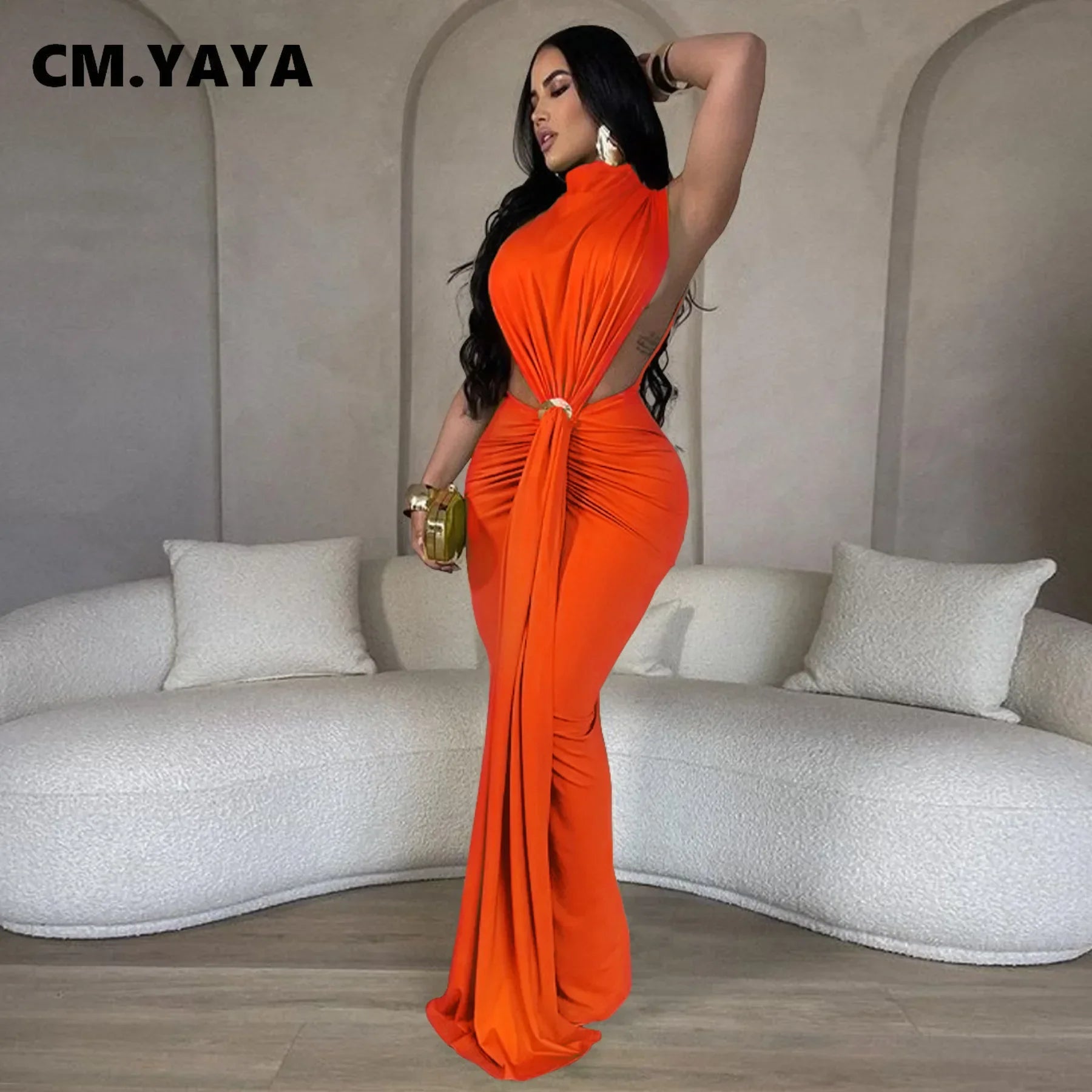 CM.YAYA Women O-neck High Split Ruched Stacked Bodycon Midi Maxi Dress 2024 Evening Party Club Vestidos Sexy Chic Long Dresses