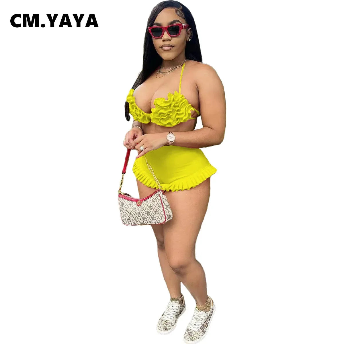 CM.YAYA Women's Set Ruffles Crop Top Bra and Shorts Bikini Set Streetwear Casual Two 2 Piece Outfits Summer 2024 Beach Holiday