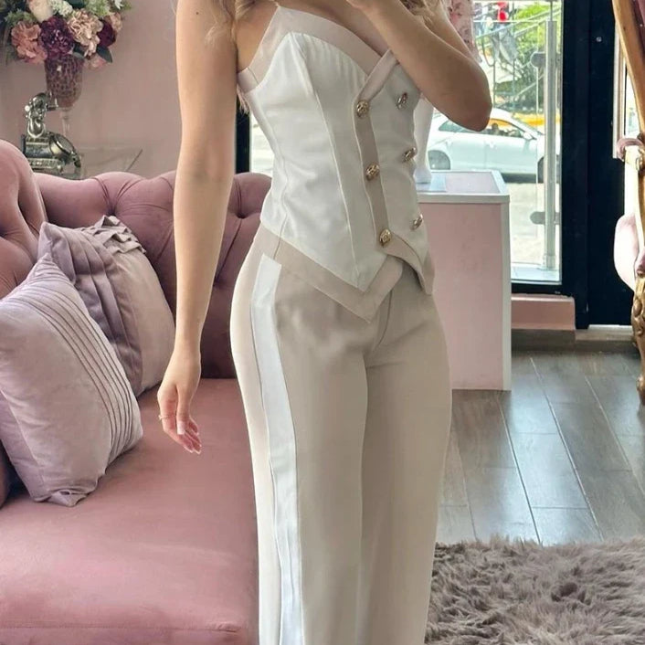 Two Piece Set Women Outfit Summer Fashion Double Breasted Chain Strap V-Neck Cami Top & Casual Daily Straight Leg Pants Set