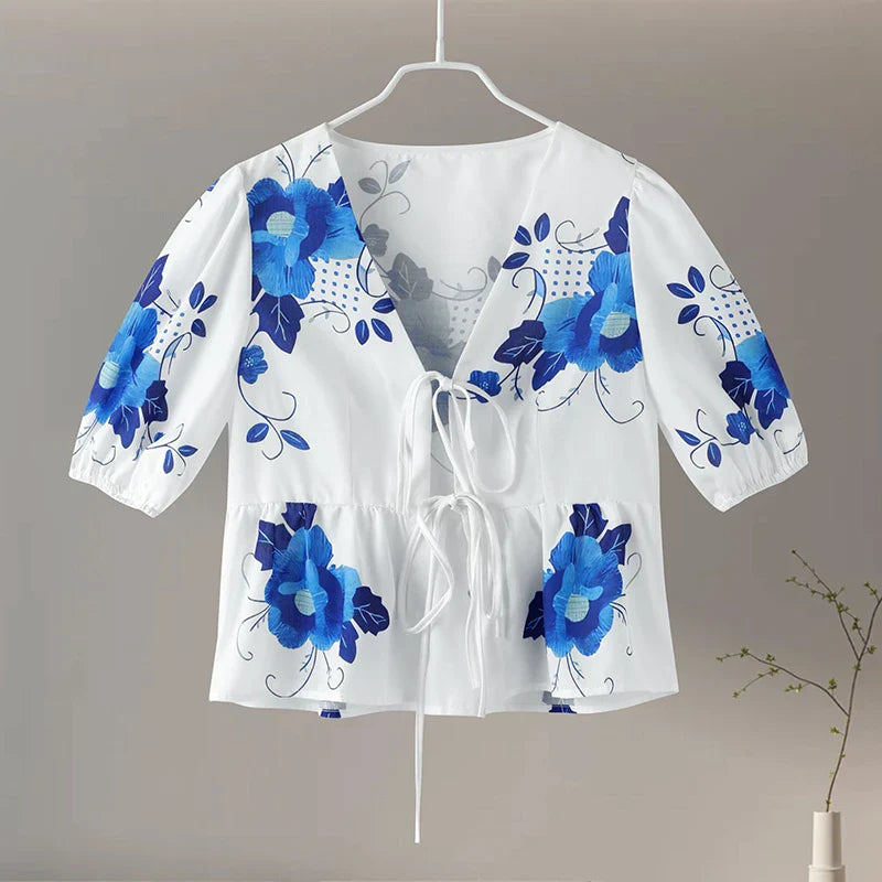 Fashion Print Bow Lace Up Women Blouses Loose V-neck Short Puff Sleeve Female Shirts Spring Summer Casual Lady Flower Tops Print 01