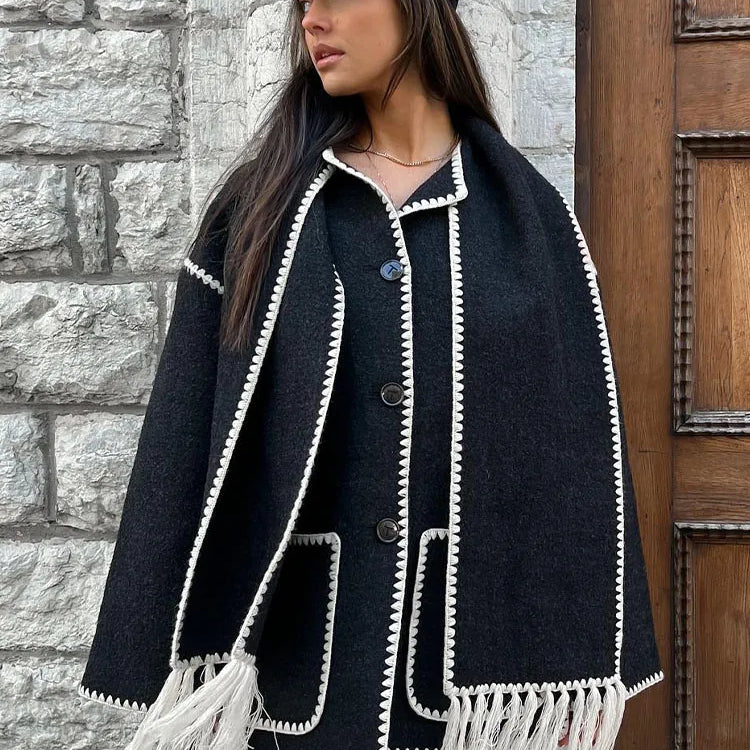 TRAFZA 2023 Autumn Fashion Woman Black Crochet Scarf Coat O Neck Long Sleeve Button Straight Casual Vintage Female Cozy Coats