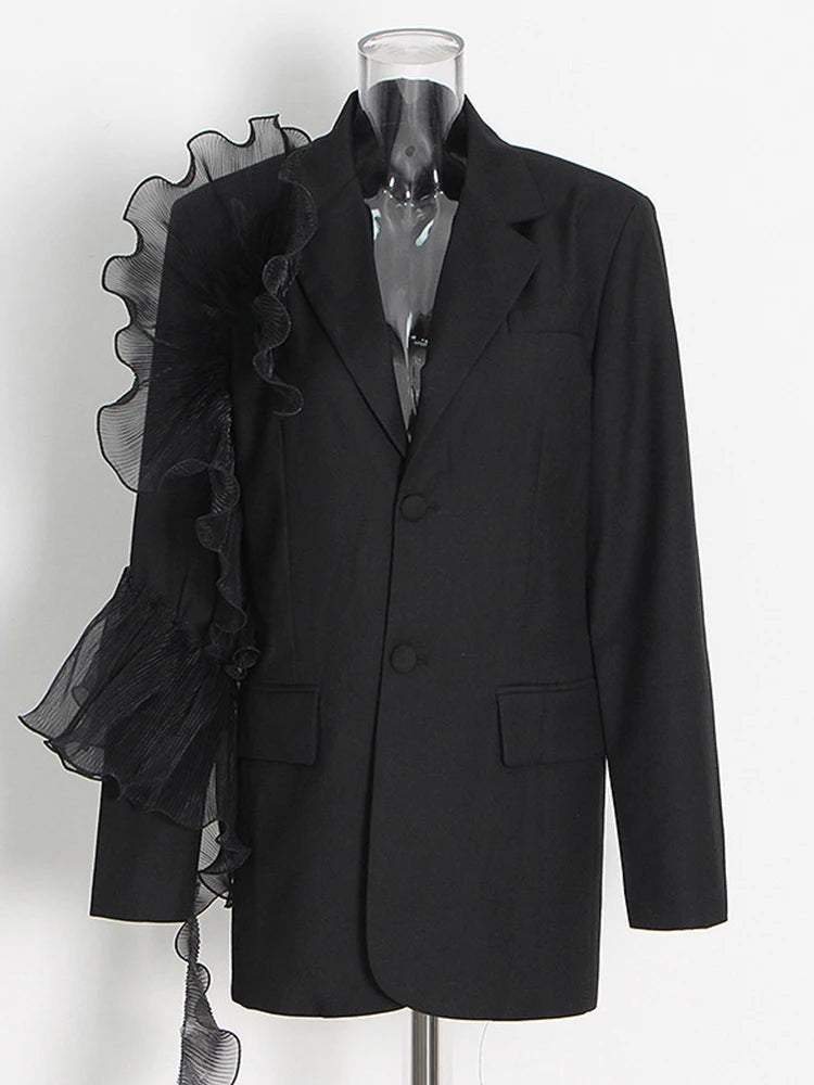 Patchwork Mesh Solid Casual Blazers For Women Notched Collar Long Sleeve Spliced Single Breasted Temperament Blazer Female