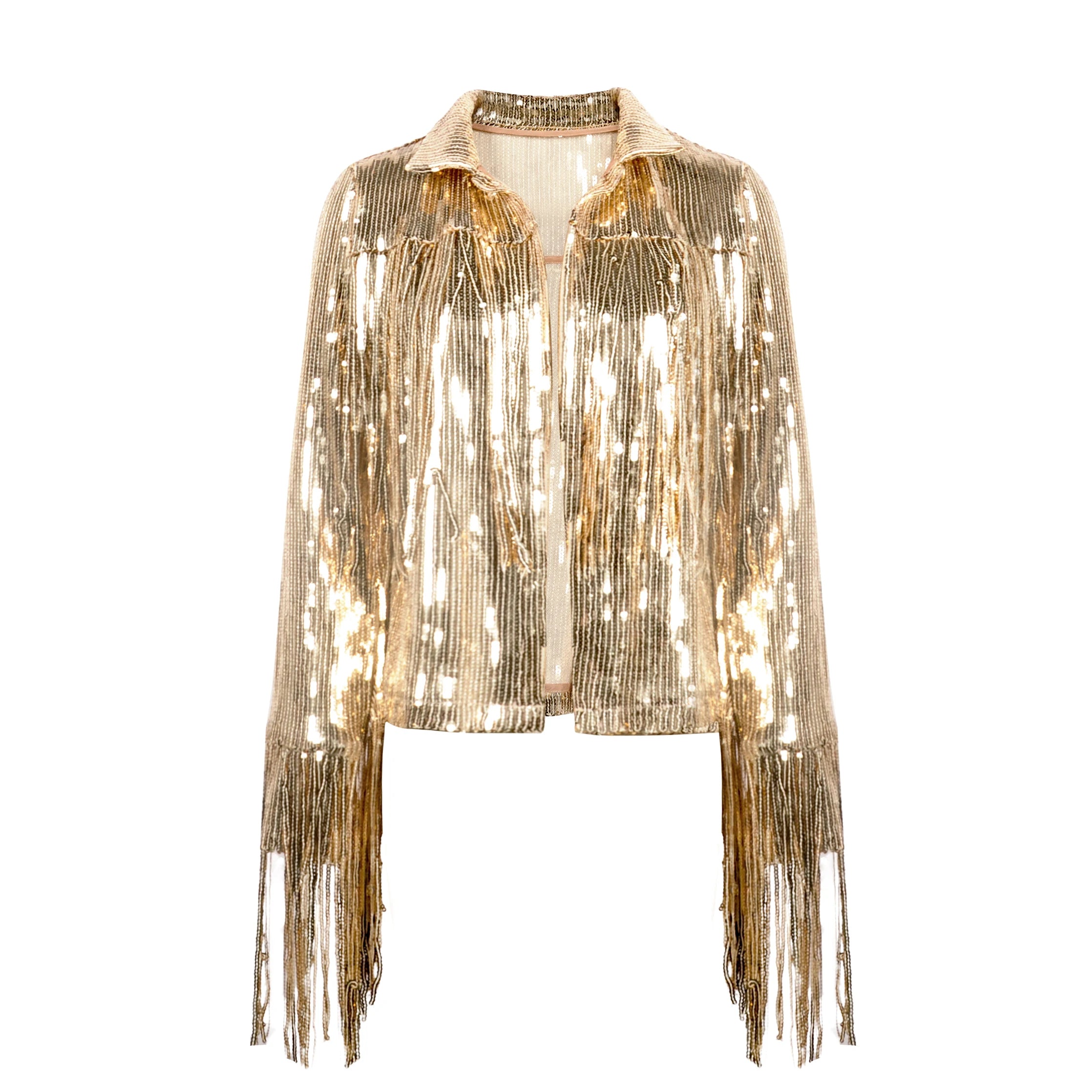 Reflective Tassel Sequin Jacket Women Outwear Tops Retro Long-sleeved Coat Summer Autumn Streewear New Female Jackets