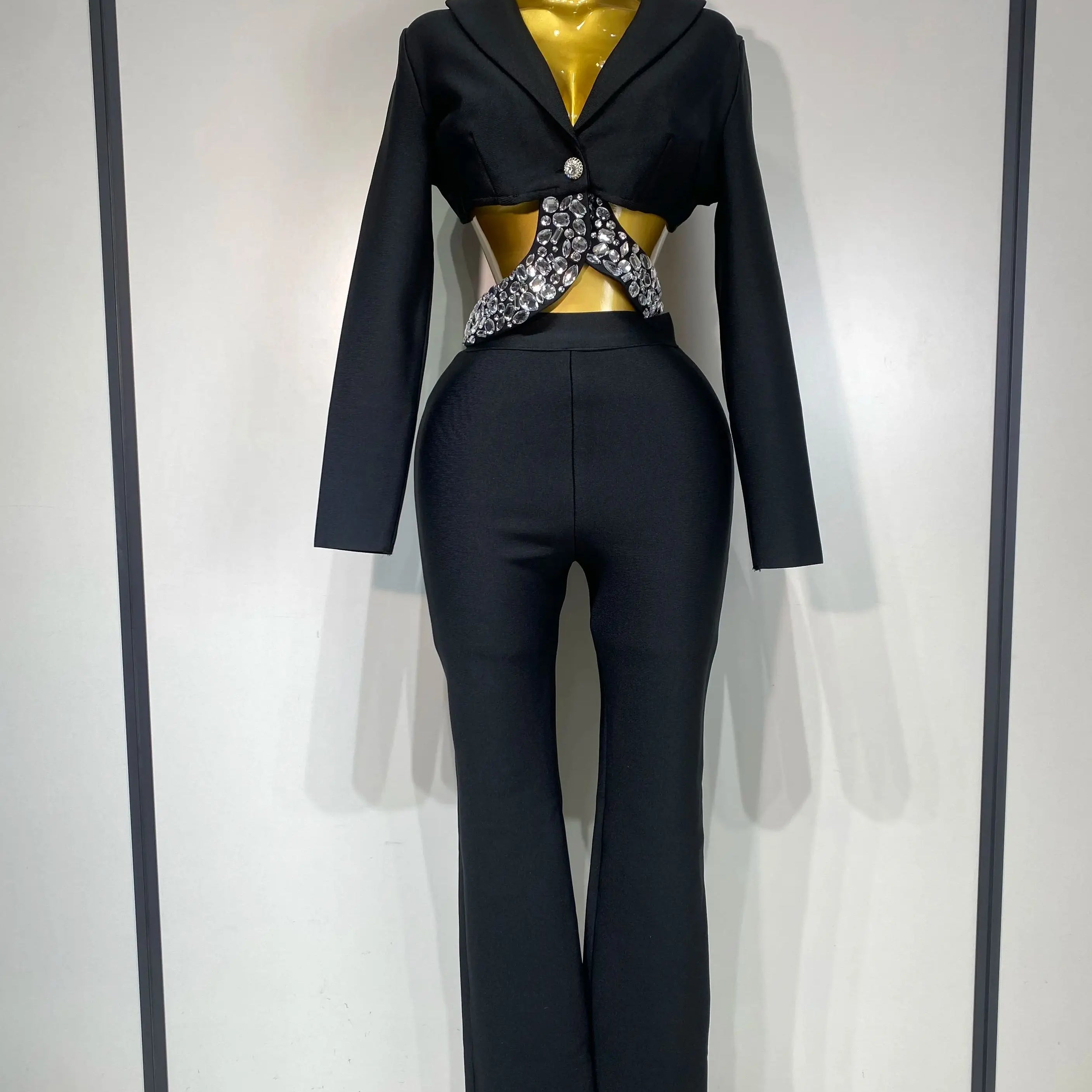 Conjunto feminino sexy com recortes, manga longa, com contas, bodycon, duas peças, calça, bandagem, designer de celebridades, moda feminina, conjunto de aniversário de luxo