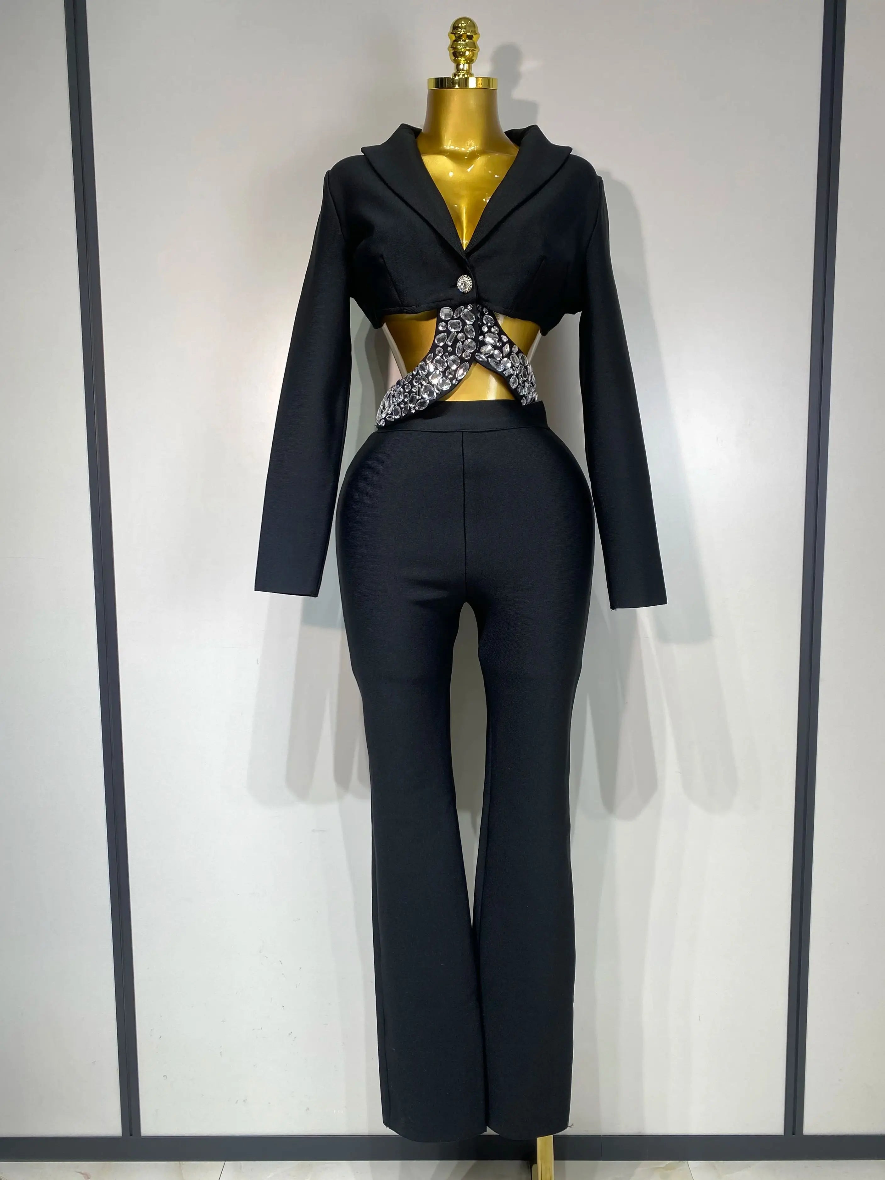 Women Sexy Cut Out Long Sleeve Beading Bodycon Two Pieces Pants Bandage Set Celebrity Designer Fashion Women Luxury Birthday Set