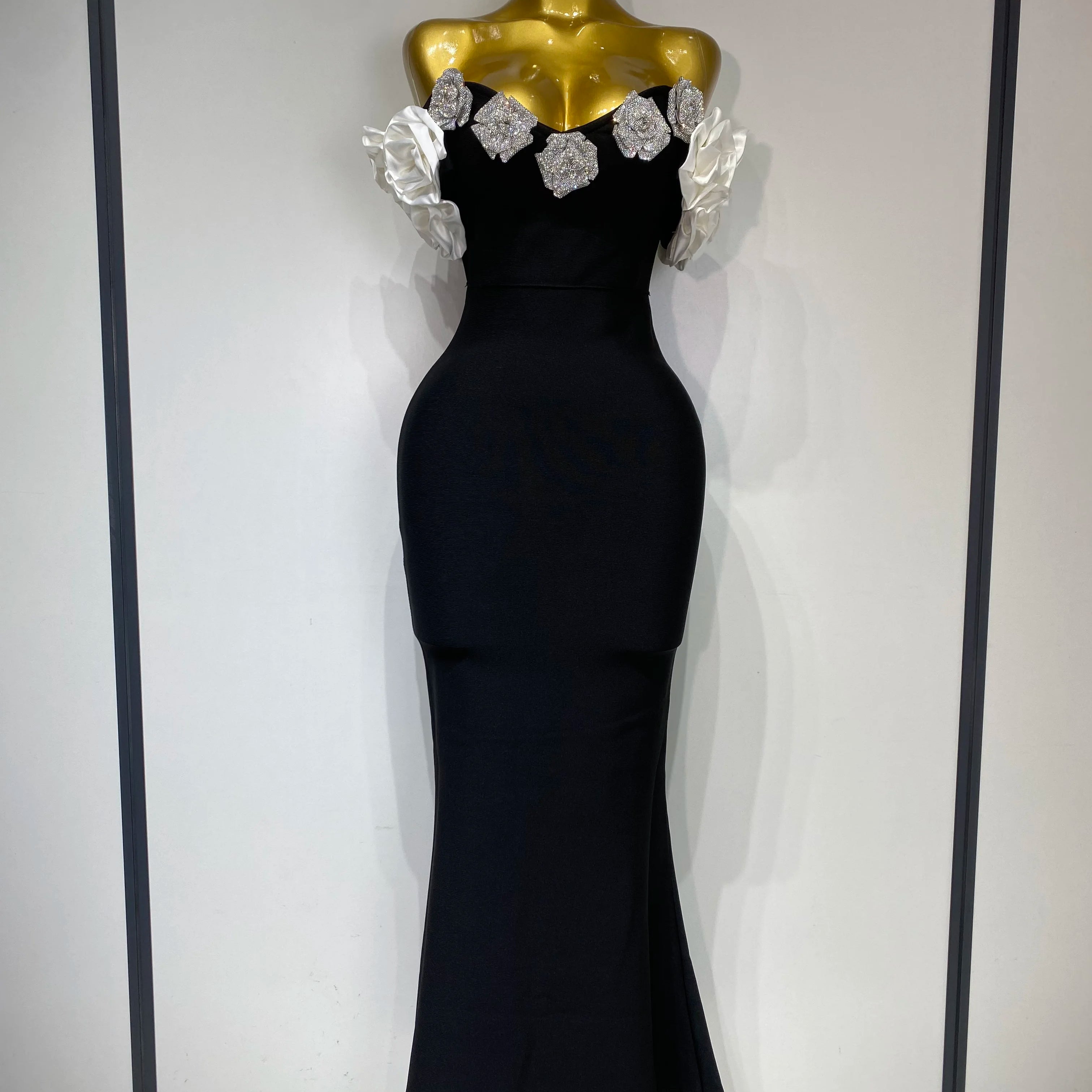 Women Luxury Rhinestone Celebrity Sexy Off Shoulder Flower Maxi Long Bodycon Bandage Dress Elegant Evening Club Party Outfit