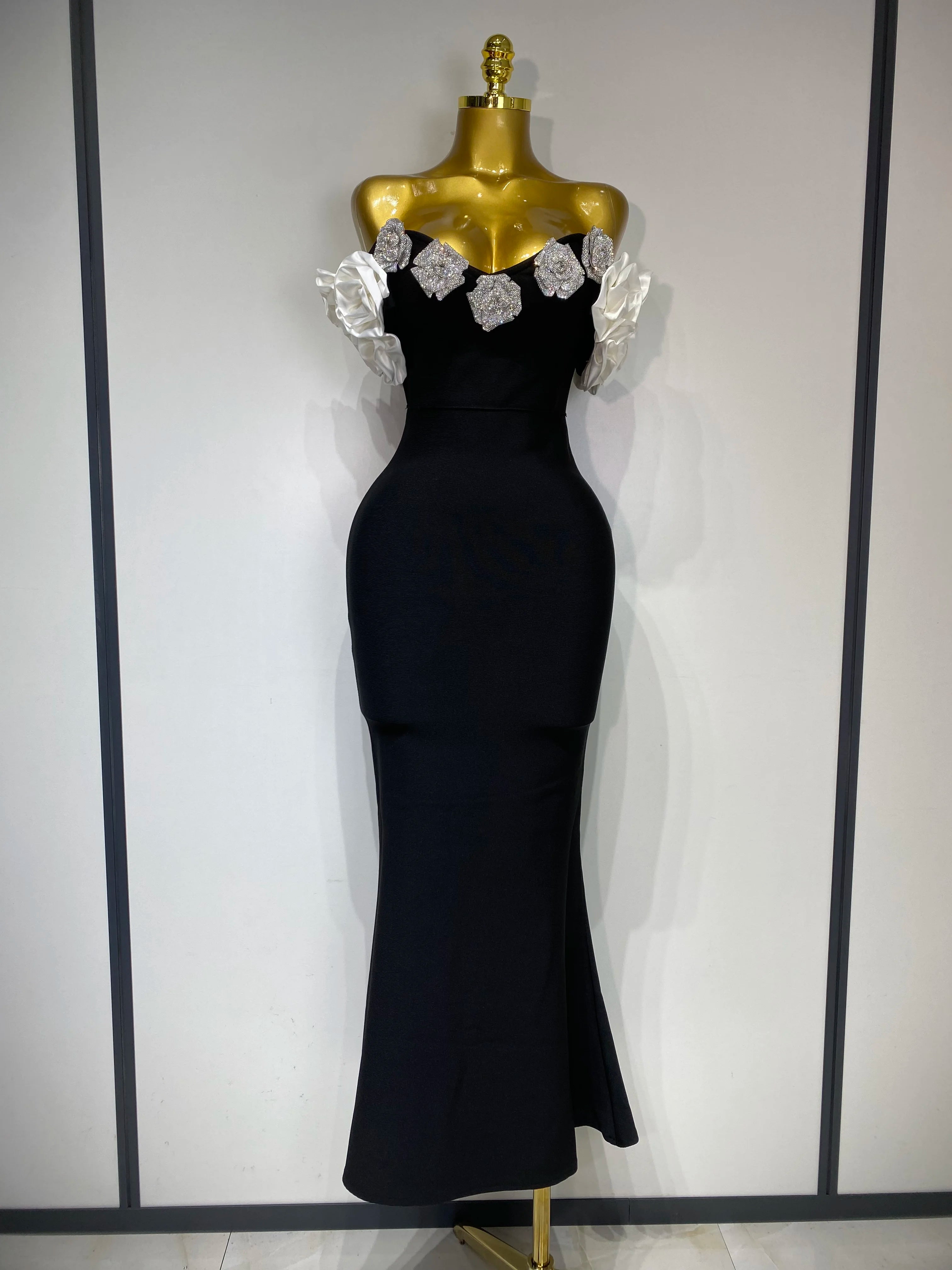 Women Luxury Rhinestone Celebrity Sexy Off Shoulder Flower Maxi Long Bodycon Bandage Dress Elegant Evening Club Party Outfit