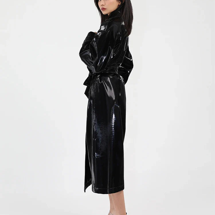Spring Autumn Long Shiny Reflective Patent Leather Trench Coat for Women Sashes Luxury Designer Runway European Fashion