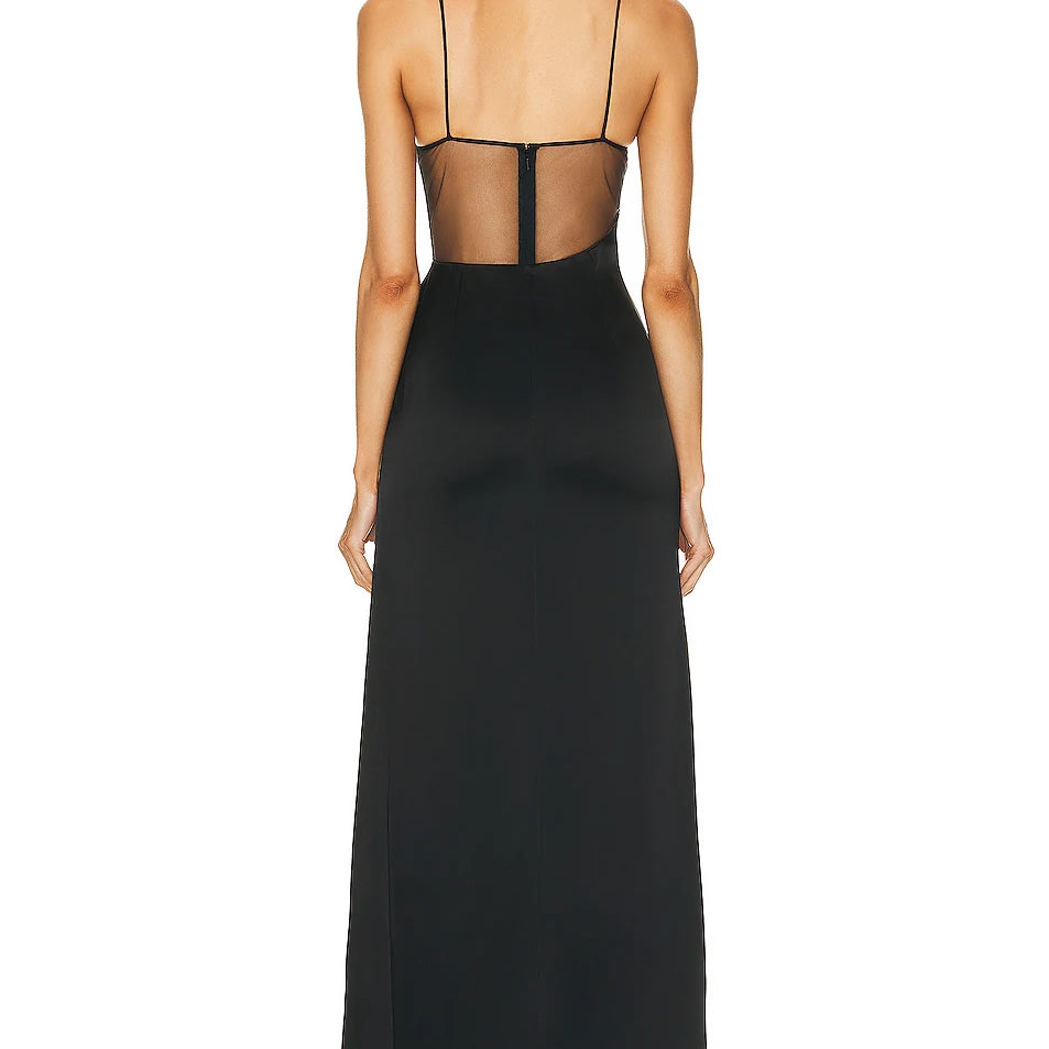 High Quality Black Color Women Sleeveless Sexy Strap V-Neck Bodycon Long Bandage Dress Mesh Celebrate Evening Party  Dress