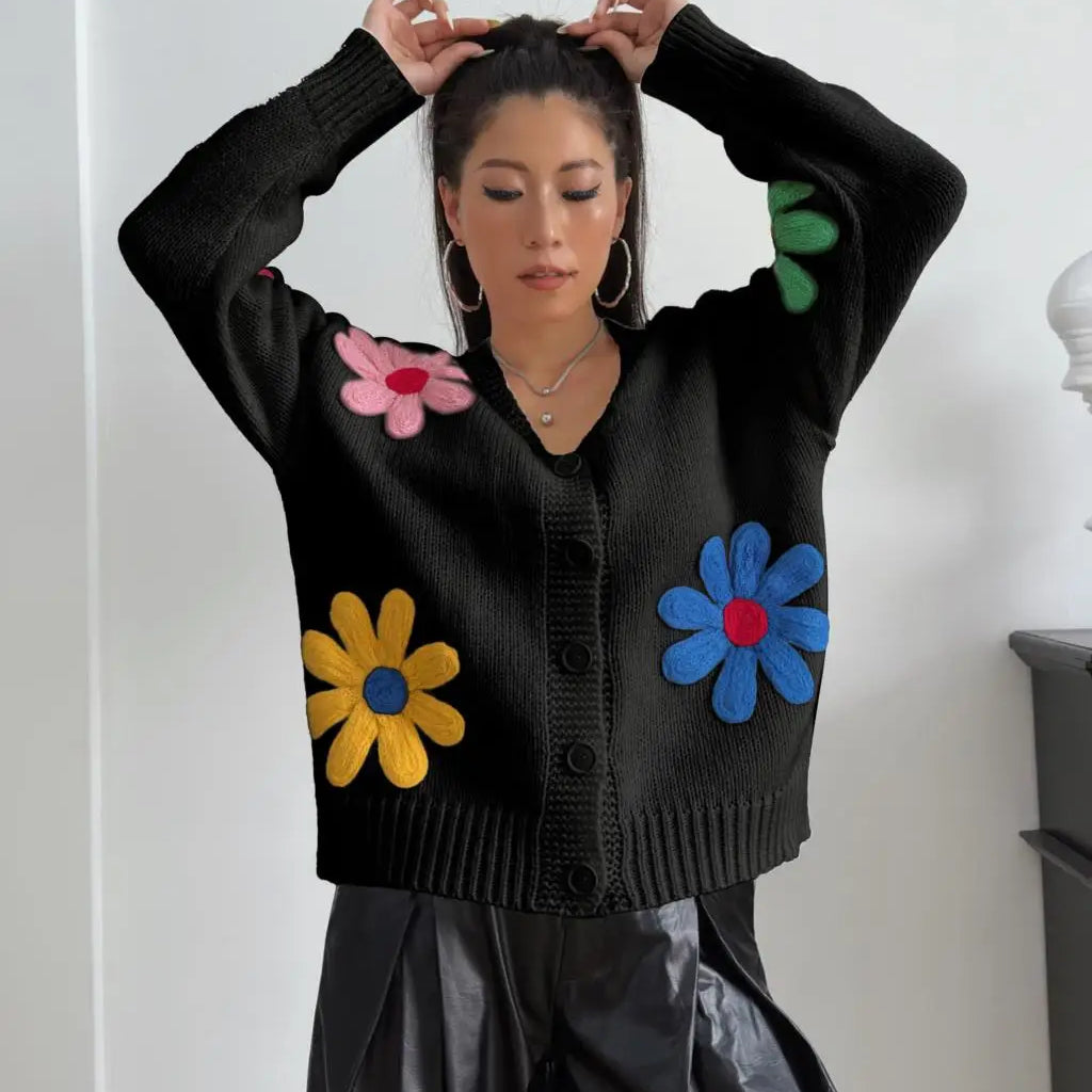 Vintage Flower Embroidery Sweater Women Loose Long Sleeve O-neck Knitted Pullover Autumn Female Thick Casual Streetwear as picture 5