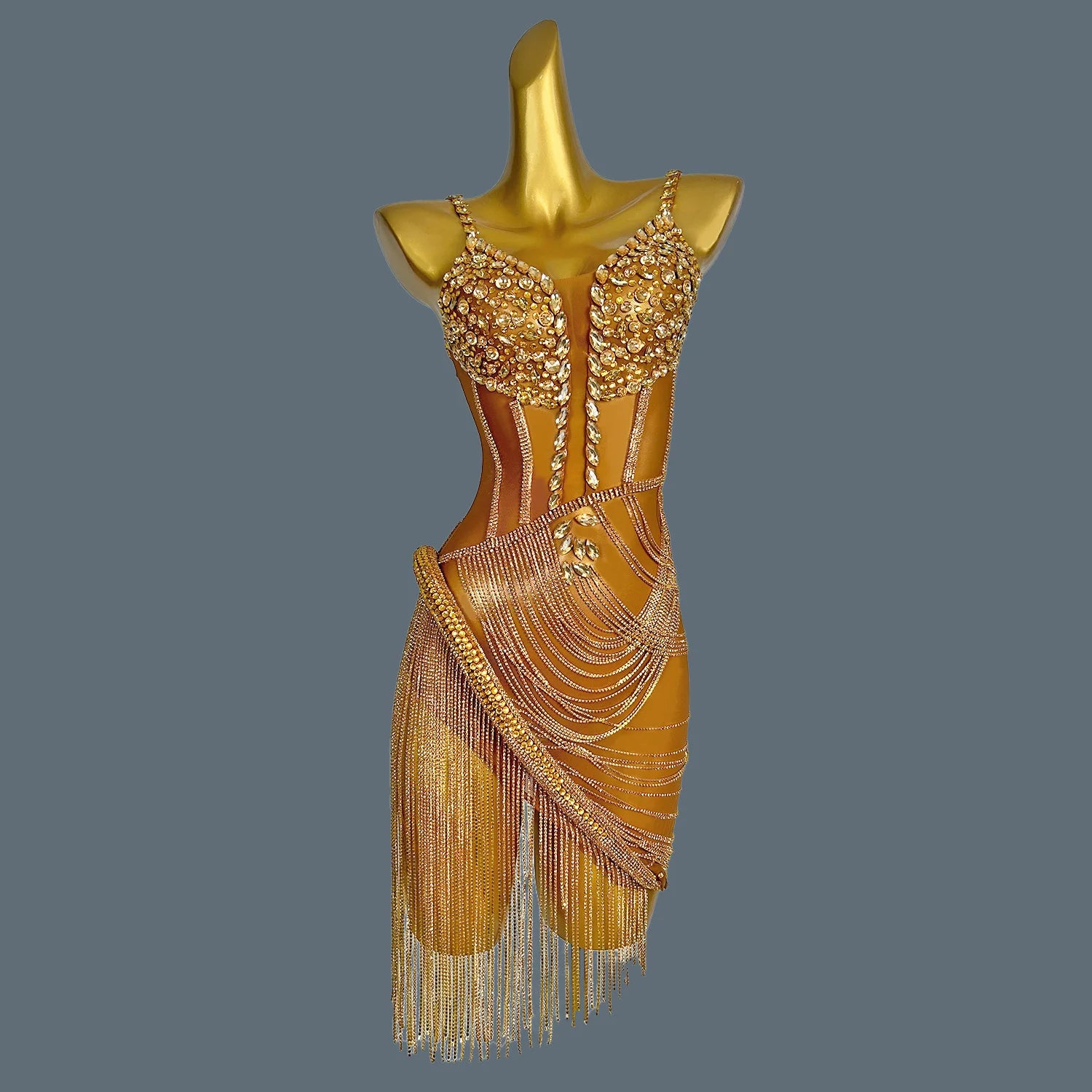 Women Shiny Gold Crystal Chain Diamonds Dress Elastic Sexy Mini Night Club Performance Costume Birthday Party Dress Tassel Liehu