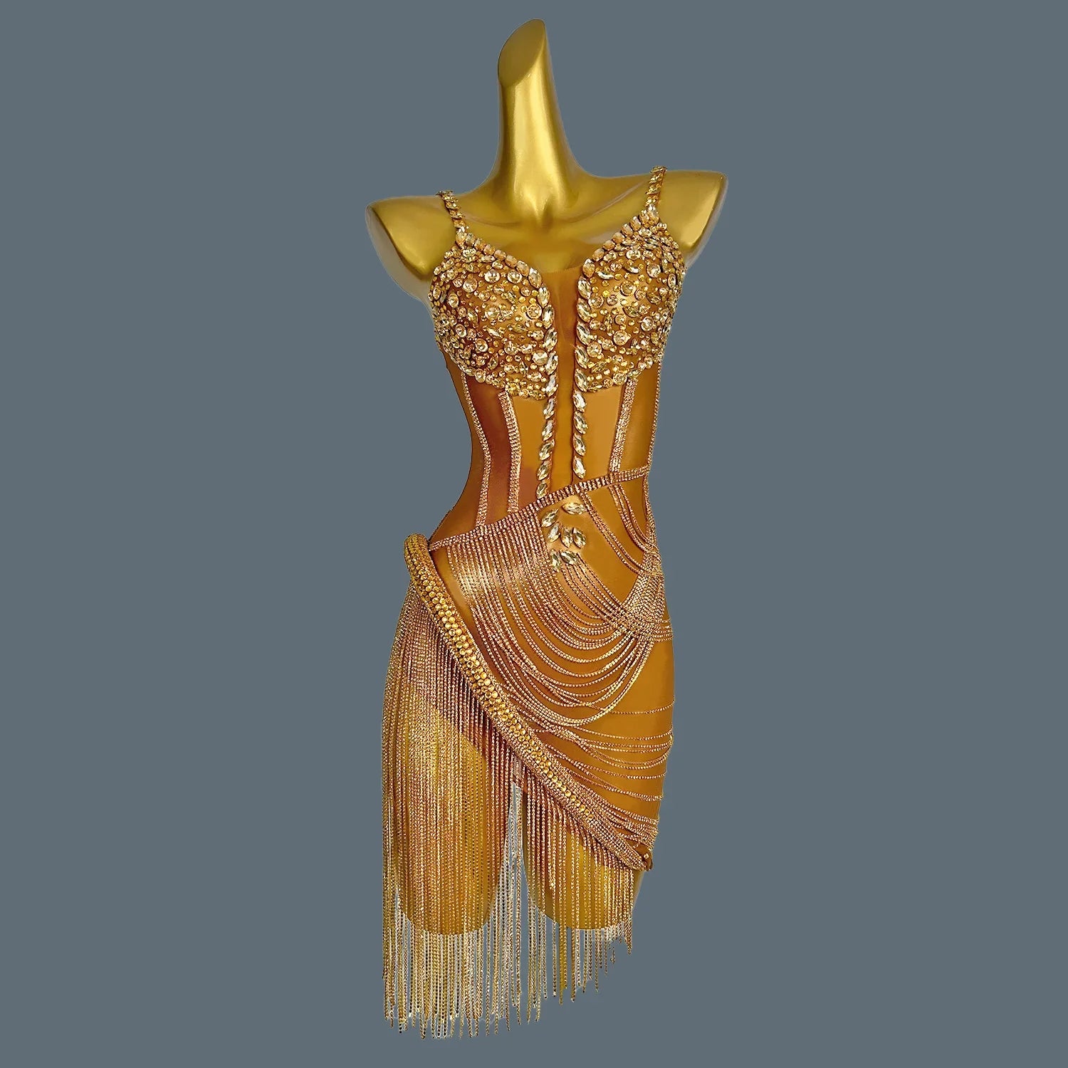 Women Green Crystal Chain Diamonds Dress Elastic Sexy Mini Night Club Performance Costume Birthday Party Dress Tassel Liehu Gold